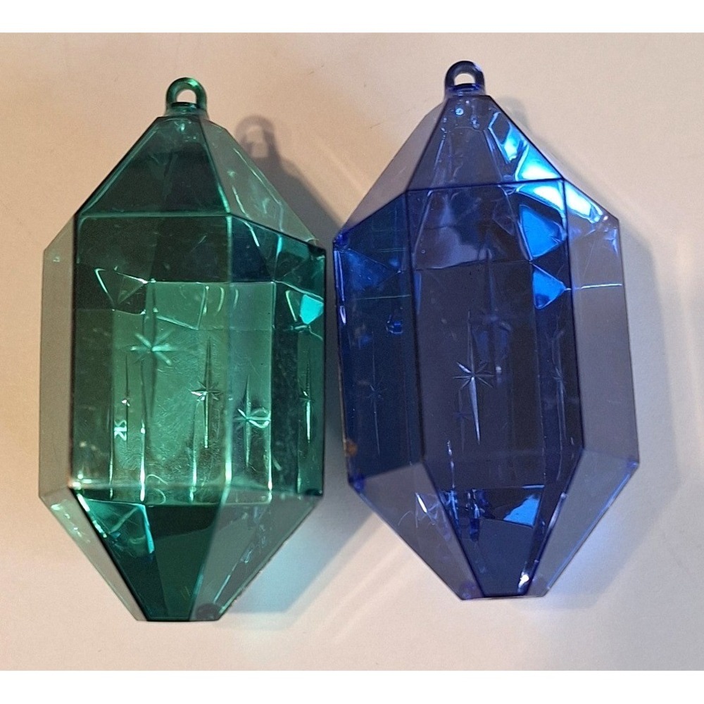 Vintage MCM Jewel tone Christmas Ornaments Green Blue Plastic Lantern Set